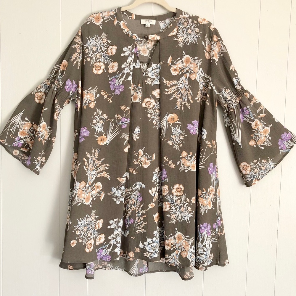Umgee gray floral swing boho dress bell sleeves